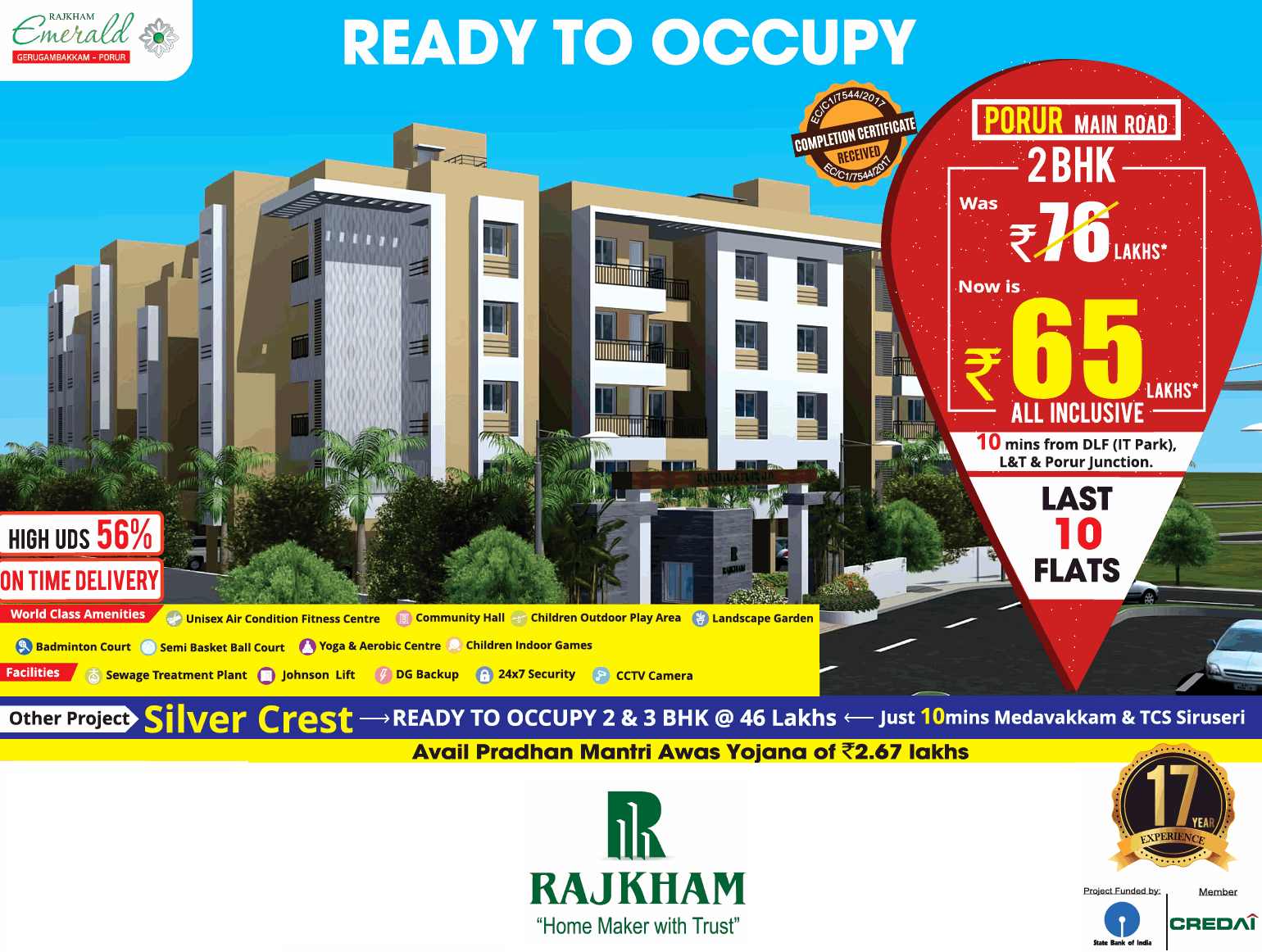 Book ready to occupy 2 BHK @ Rs 65 lakhs at Rajkham Emerald in Chennai Update